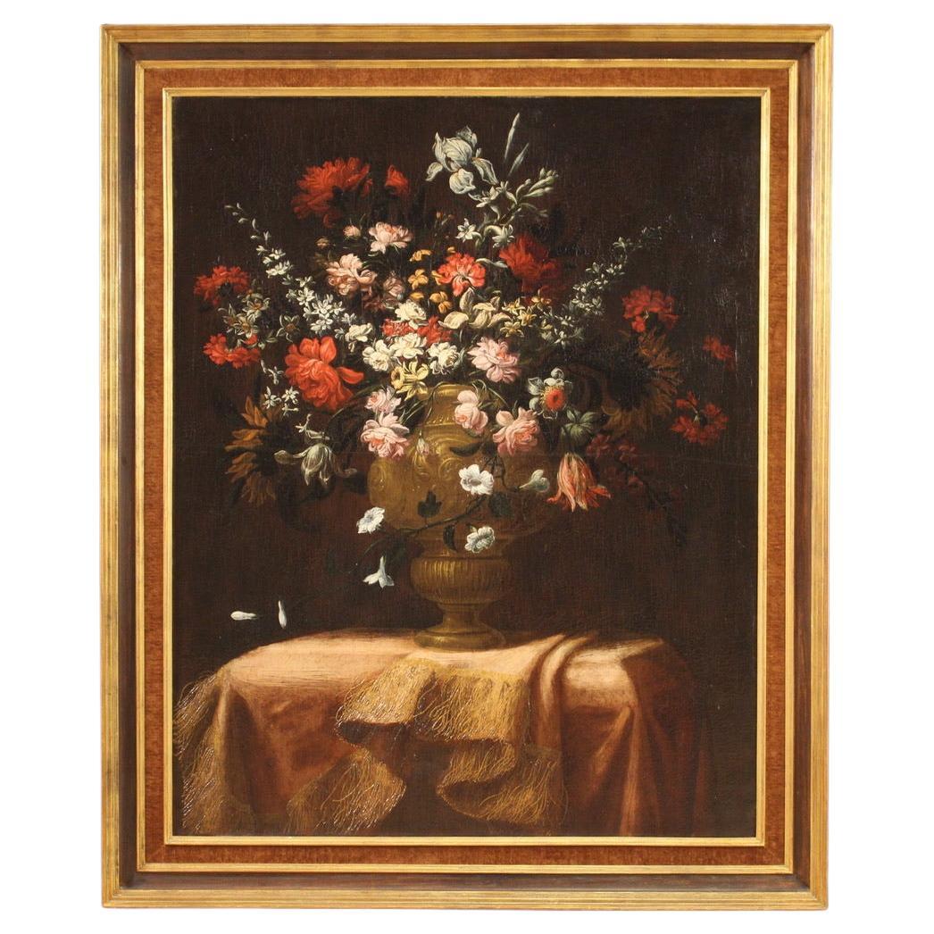 18th Century Oil on Canvas Italian Antique Still Life Painting Vase with Flowers For Sale