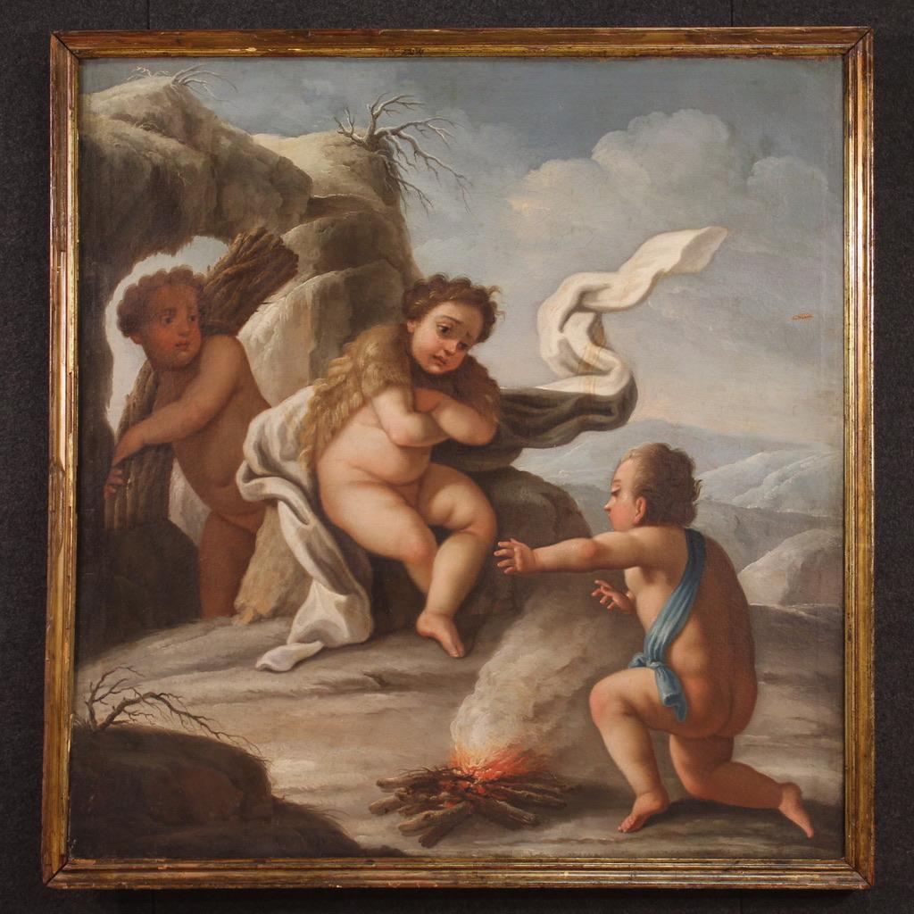 18th Century Oil on Canvas Italian Antique Winter Allegory Painting, 1750 For Sale 11