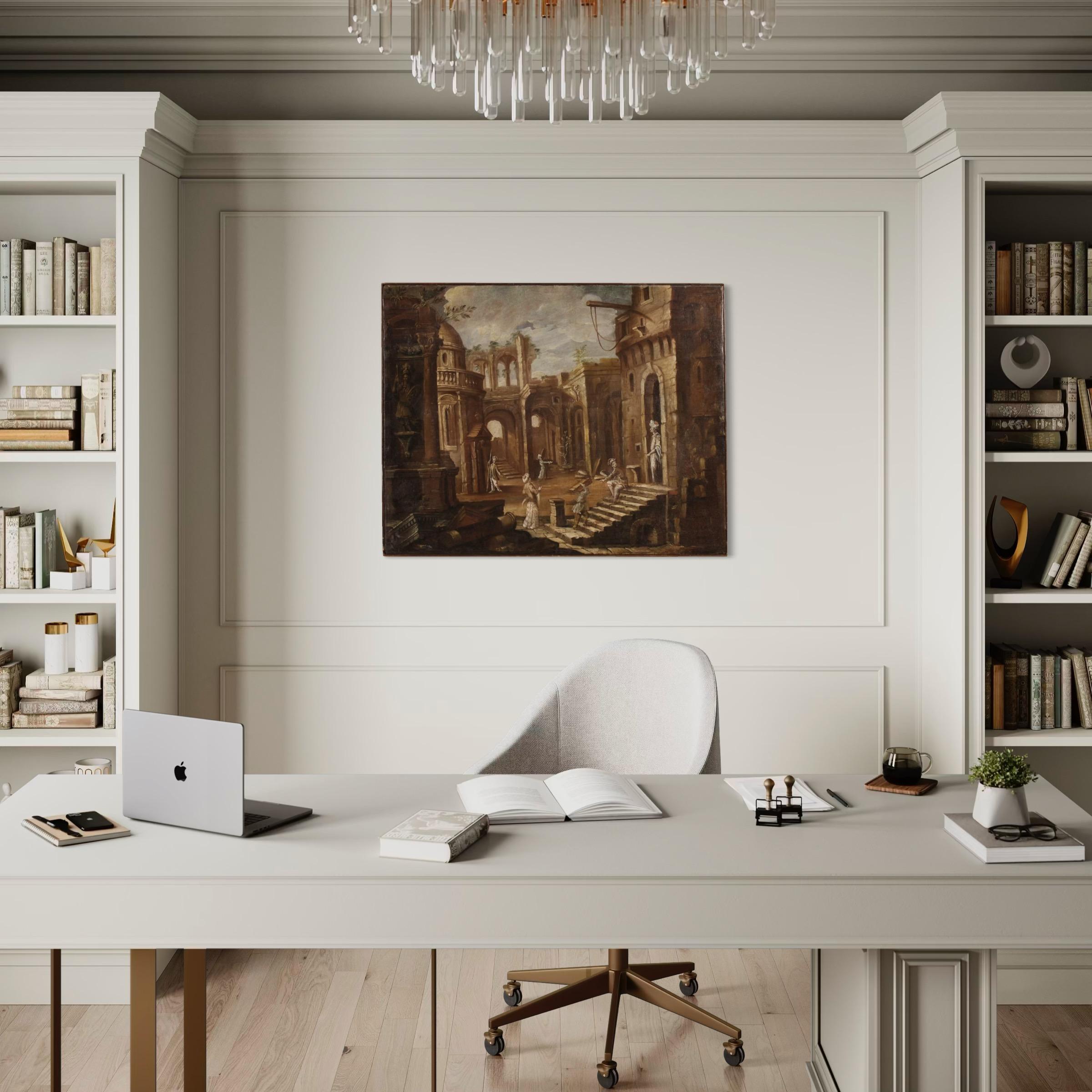 18th Century Oil on Canvas Italian Architectural Capriccio Landscape Painting in vendita 7