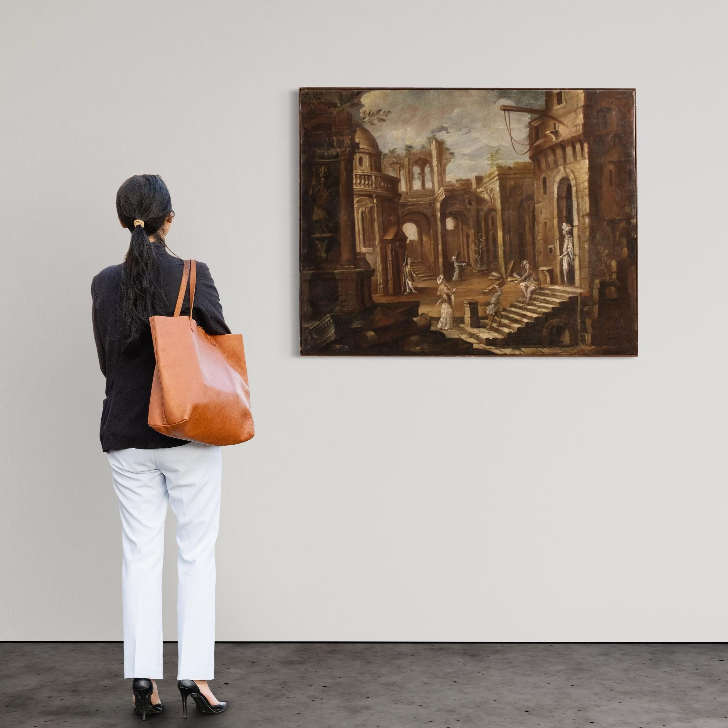 Great 18th-century architectural capriccio with figures. Painting oil on canvas painting depicts an evocative architectural capriccio with ruins, enlivened by elegant figures in oriental costume that accentuate the exoticism of the scene. The main