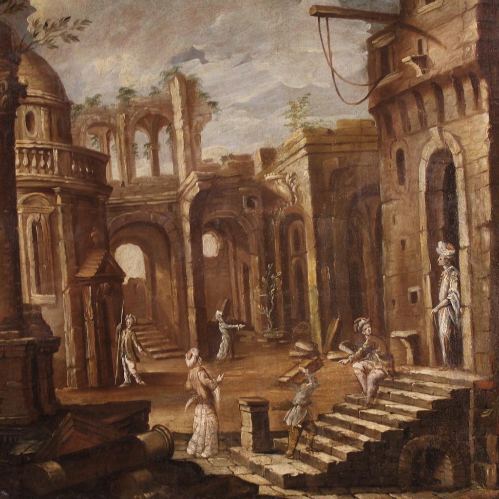 A olio 18th Century Oil on Canvas Italian Architectural Capriccio Landscape Painting in vendita