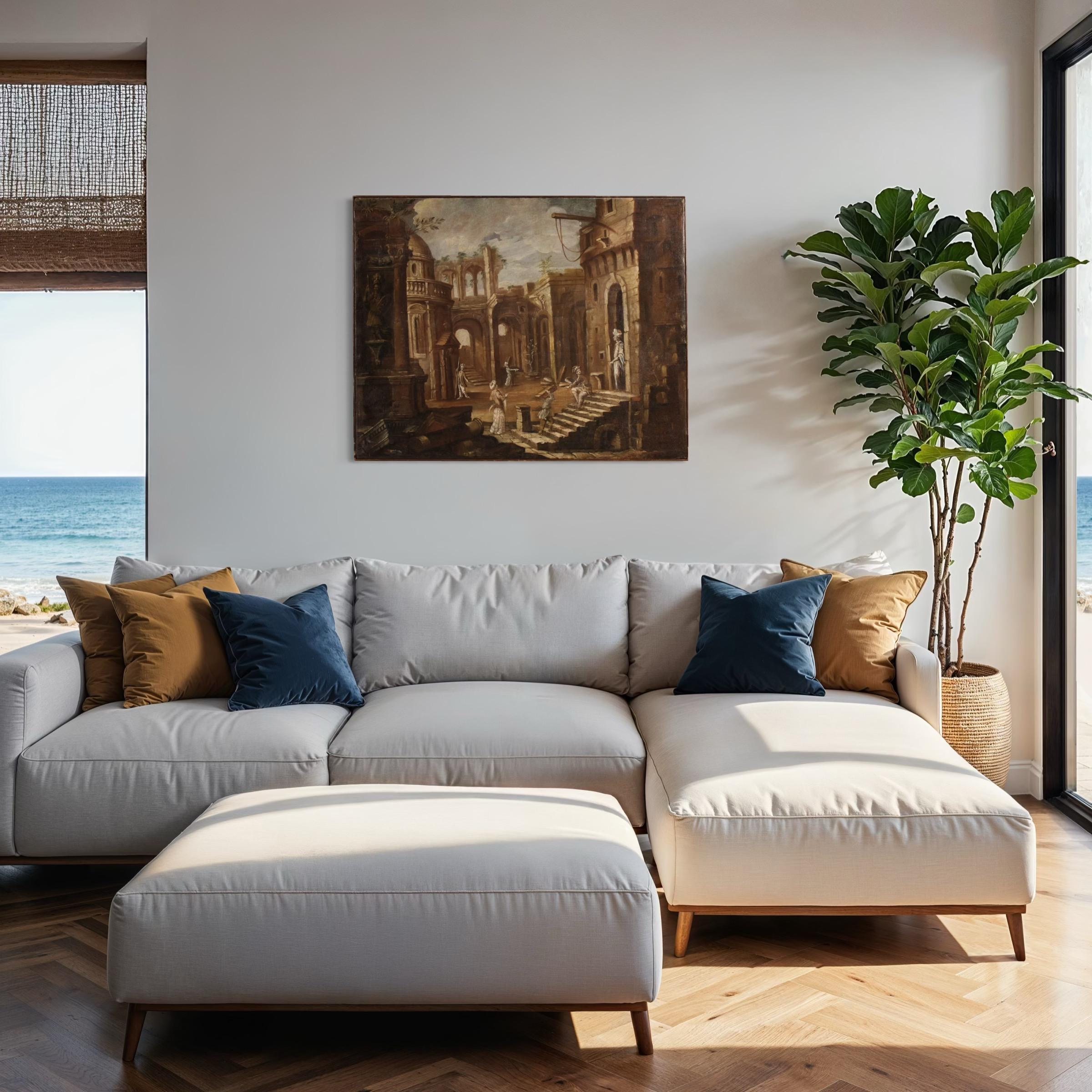 18th Century Oil on Canvas Italian Architectural Capriccio Landscape Painting In condizioni buone in vendita a Vicoforte, Piedmont