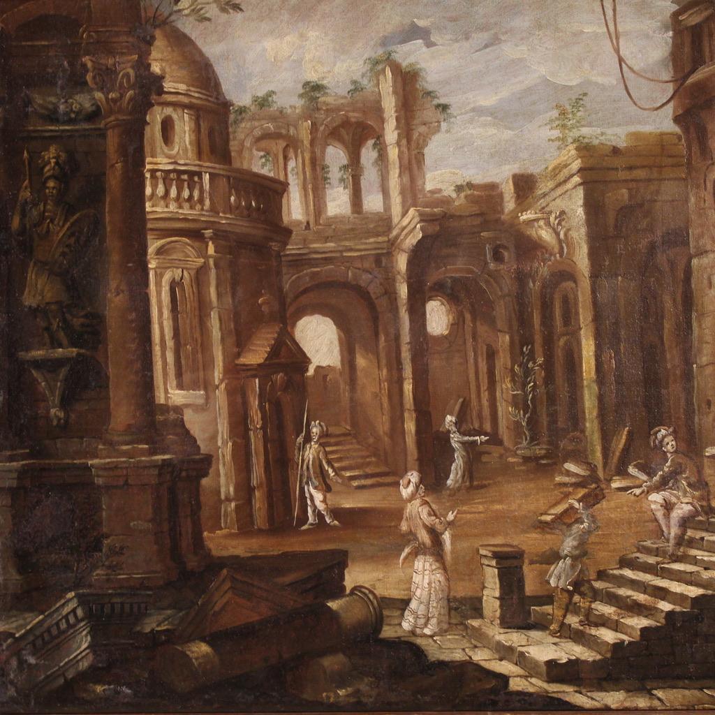 Mid-18th Century 18th Century Oil on Canvas Italian Architectural Capriccio Landscape Painting in vendita