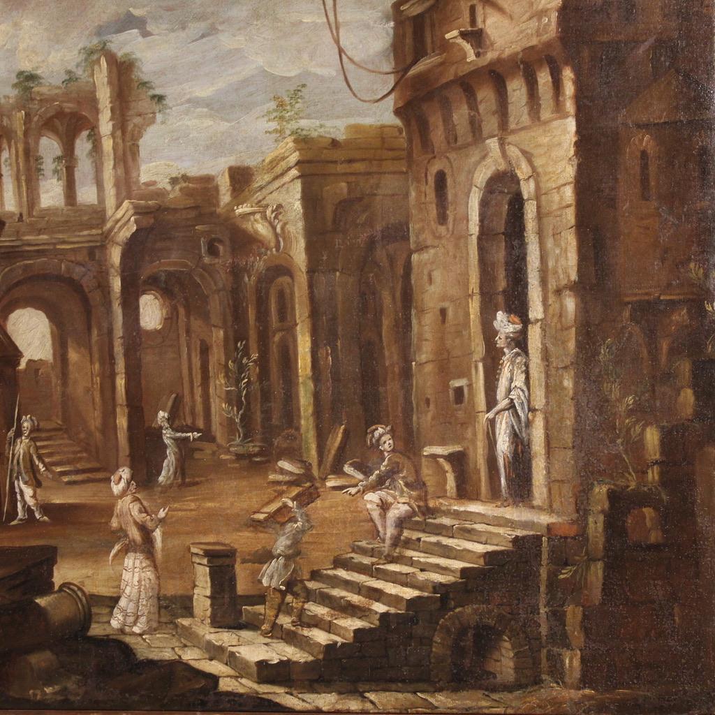 Tela 18th Century Oil on Canvas Italian Architectural Capriccio Landscape Painting in vendita