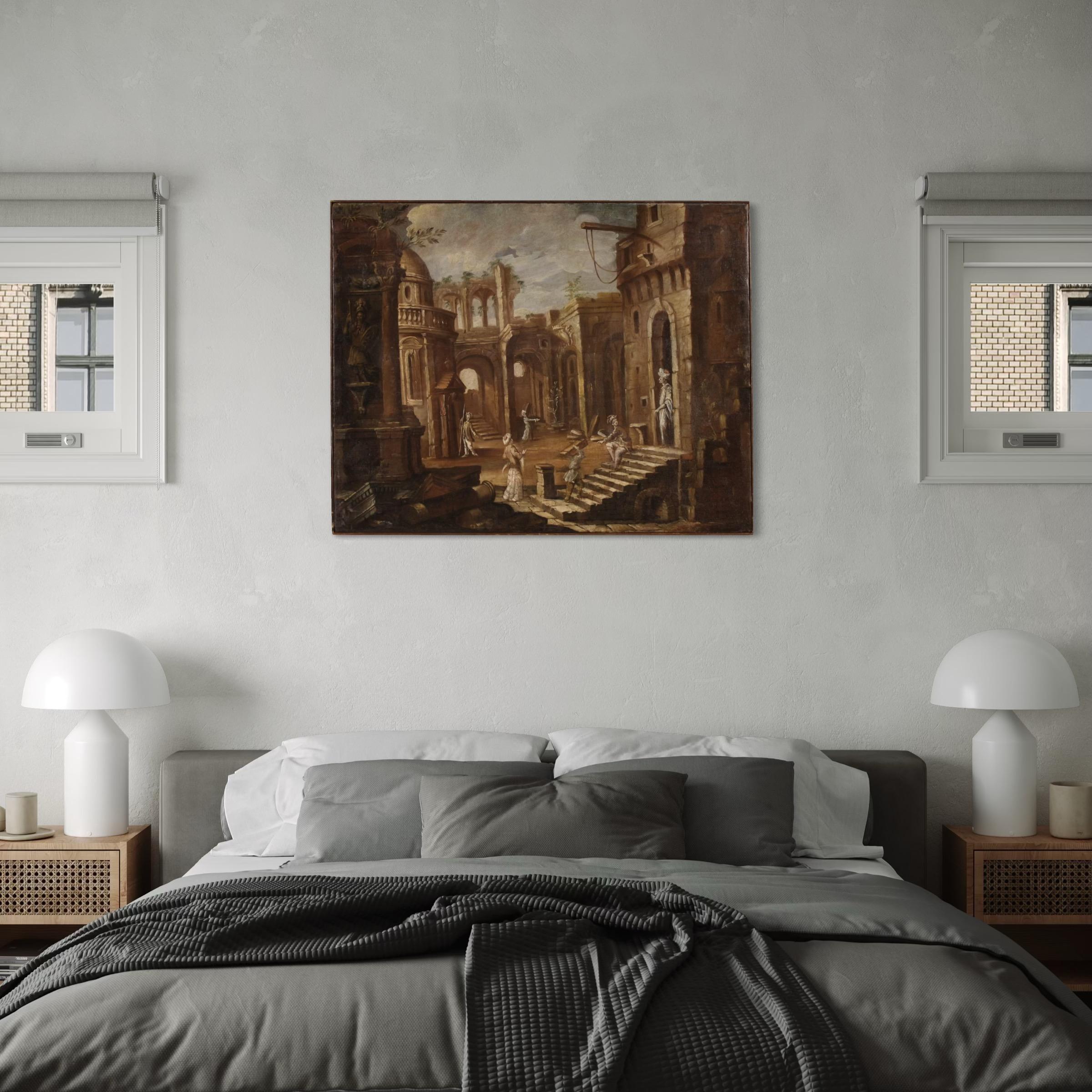 18th Century Oil on Canvas Italian Architectural Capriccio Landscape Painting in vendita 2