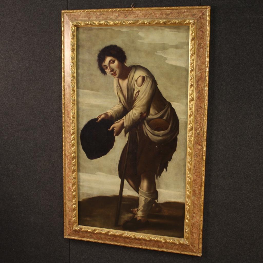 Antique Italian painting from the second half of the 18th century. Oil on canvas depicting Beggar of good pictorial quality. Painting of great measure and intensity that has undergone a conservative restoration and relining during the 20th century.