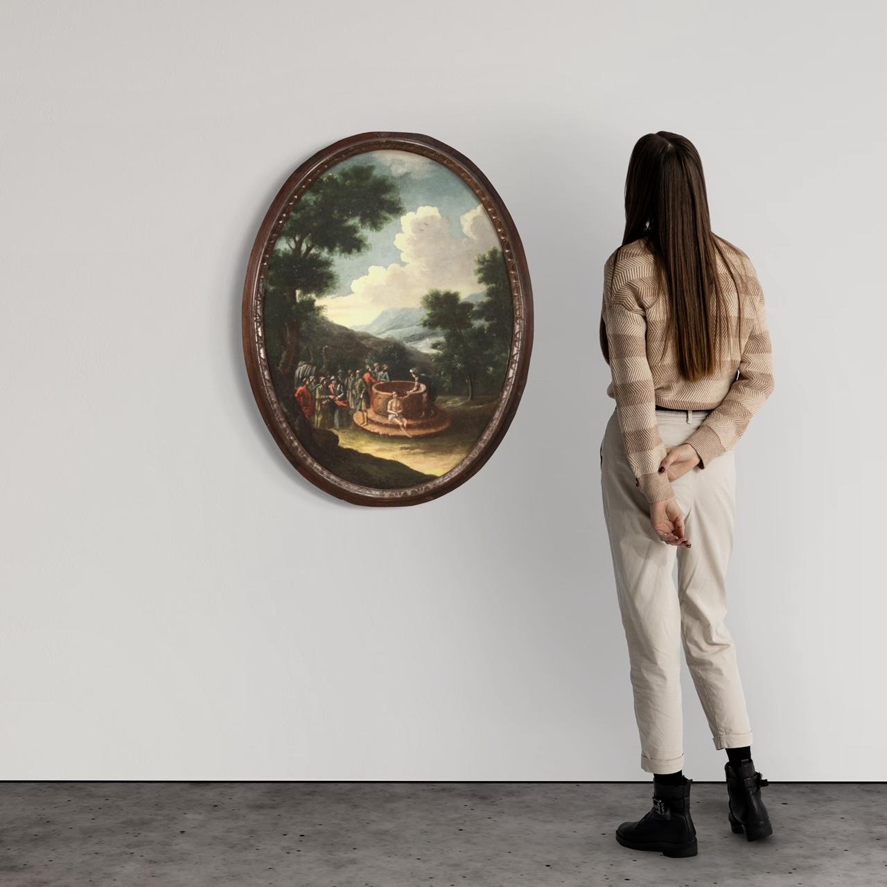 Ancient Italian painting from the 18th century. Framework oil on canvas depicting biblical subject Joseph at the well sold by the brothers of good pictorial quality. Oval painting with chiseled (adapted) wooden frame from the 20th century. Frame