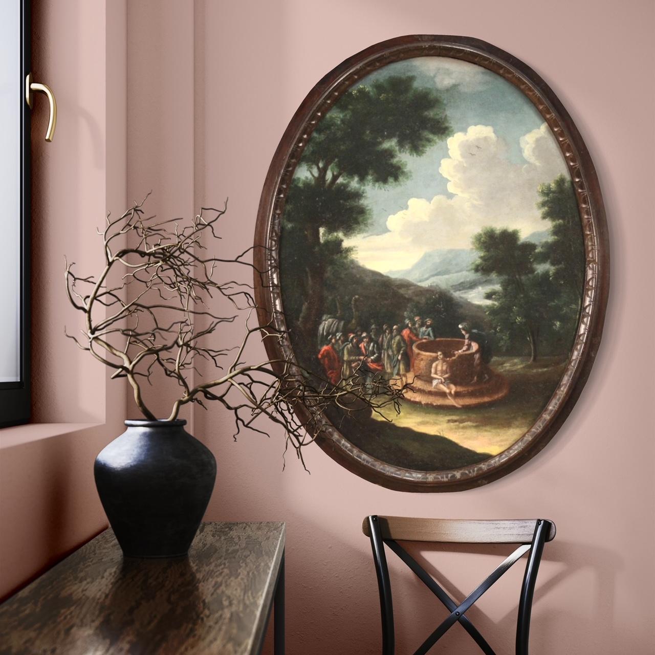18th Century Oil on Canvas Italian Biblical Oval Painting Joseph at the Well In Good Condition For Sale In Vicoforte, Piedmont