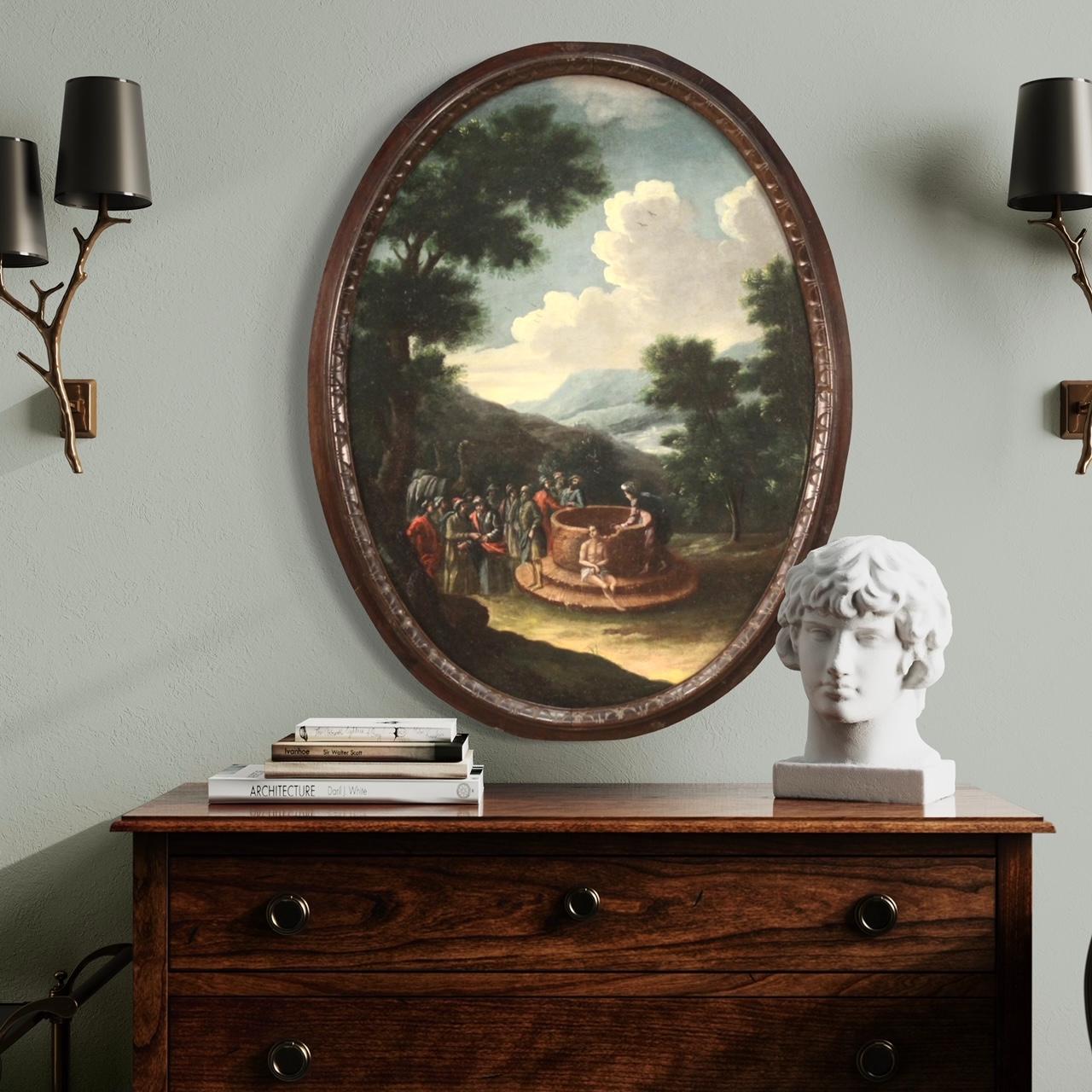 Early 18th Century 18th Century Oil on Canvas Italian Biblical Oval Painting Joseph at the Well For Sale