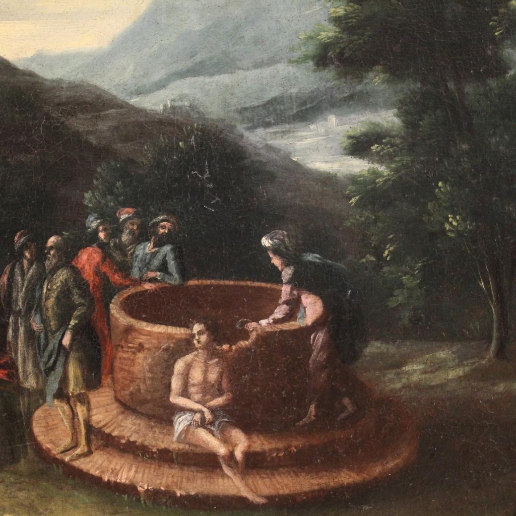 18th Century Oil on Canvas Italian Biblical Painting Joseph at the Well, 1721 For Sale 6