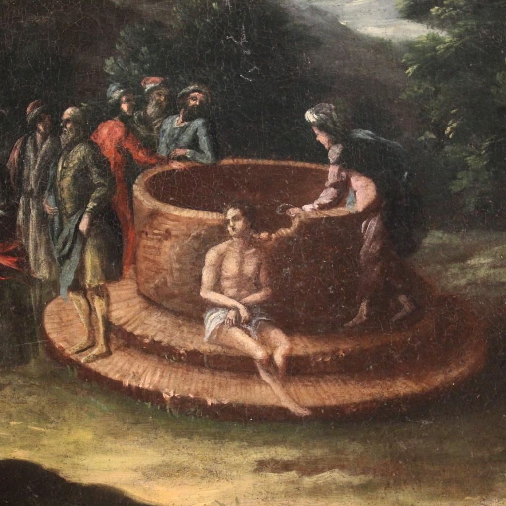 18th Century Oil on Canvas Italian Biblical Painting Joseph at the Well, 1721 For Sale 2