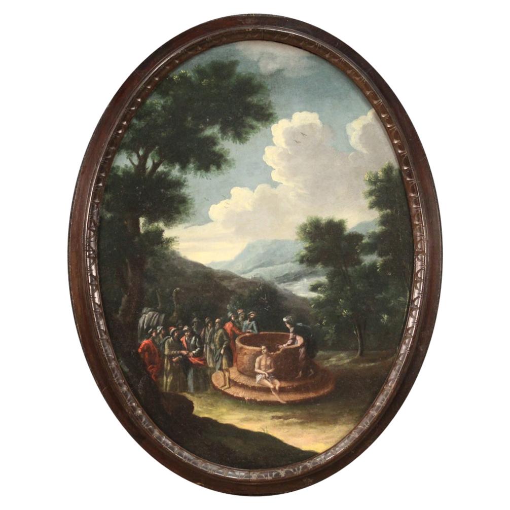 Huile sur toile italienne du 18e siècle Peinture biblique Joseph au puits, 1721