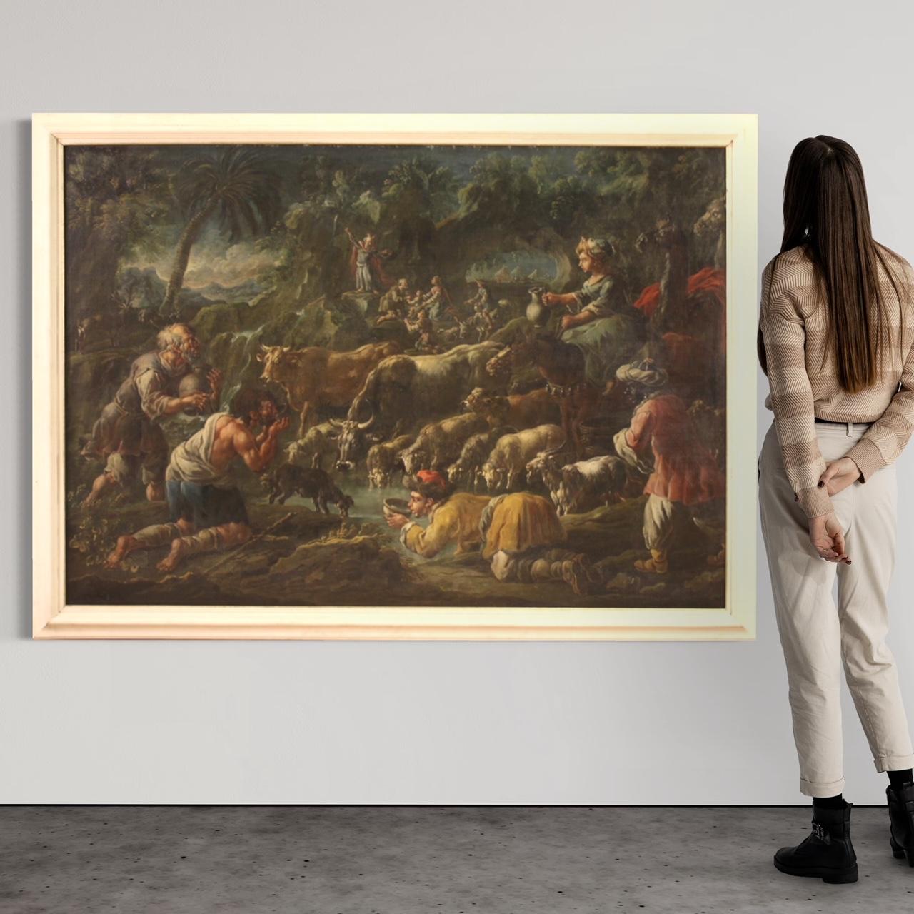 Italian huile sur toile du 18e siècle Peinture biblique italienne Moïse frappant le rocher en vente