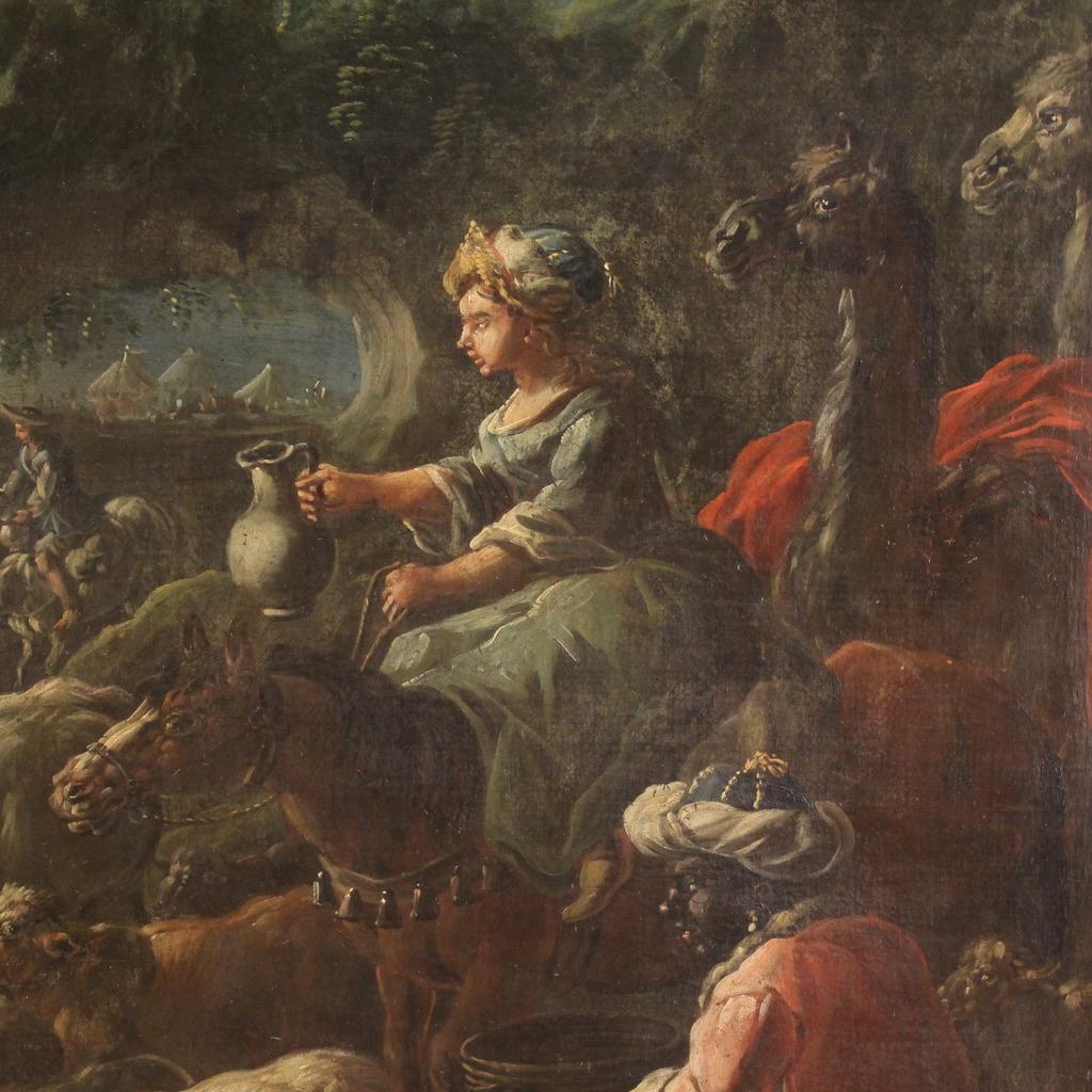 Early 18th Century huile sur toile du 18e siècle Peinture biblique italienne Moïse frappant le rocher en vente