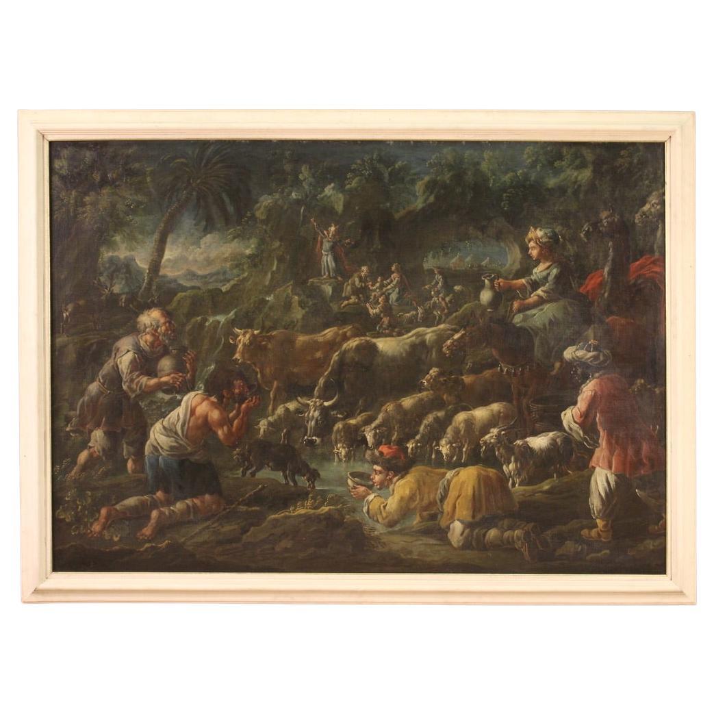 huile sur toile du 18e siècle Peinture biblique italienne Moïse frappant le rocher en vente