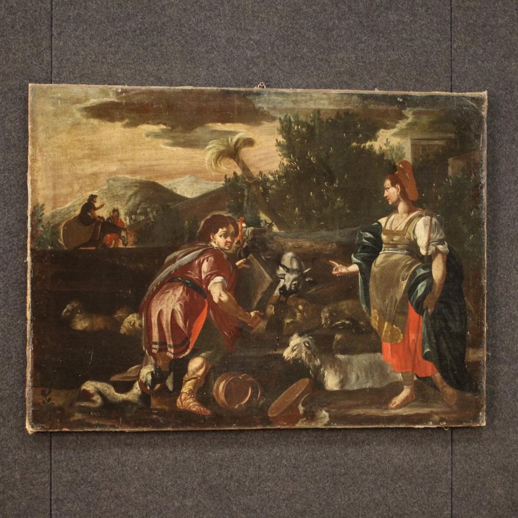 18th Century Oil on Canvas Italian Biblical Painting Rachel and Jacob, 1720 For Sale 3