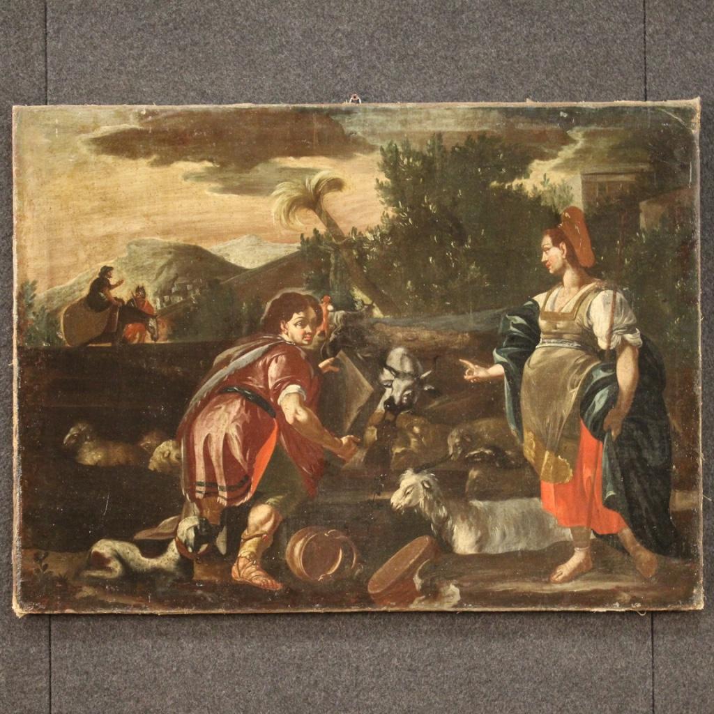 Ancient Italian painting from the 18th century. Framework oil on canvas depicting biblical subject Rachel and Jacob at the well of good pictorial quality. Painting of pleasant decor rich in decorative elements, characters and animals, for antique