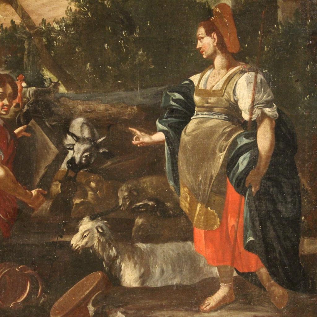 Oiled 18th Century Oil on Canvas Italian Biblical Painting Rachel and Jacob, 1720 For Sale