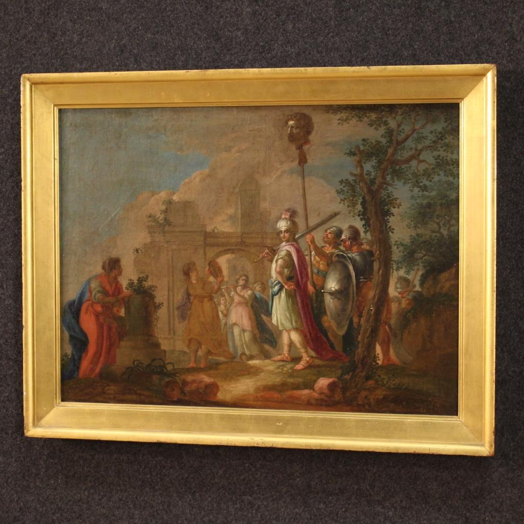 18th Century Oil on Canvas Italian Biblical Painting The Triumph of David, 1760 6