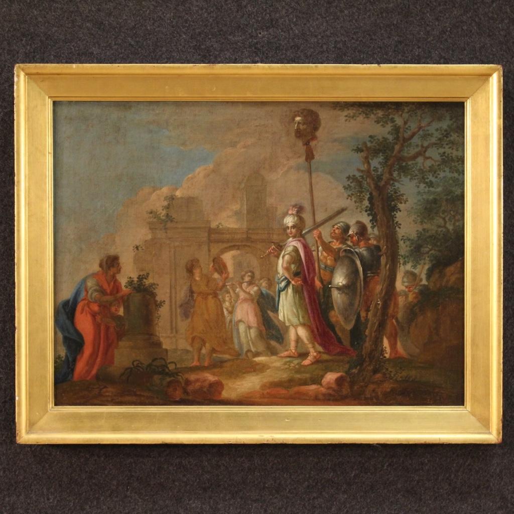 Ancient Italian painting from the 18th century. Framework oil on canvas depicting the triumph of David. The winner is at the head of a procession surrounded by dancers and musicians, while on the pike there is the head of the defeated Goliath.
