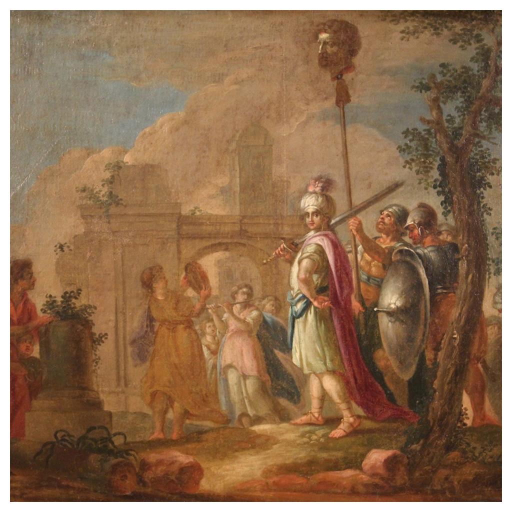 18th Century Oil on Canvas Italian Biblical Painting The Triumph of David, 1760