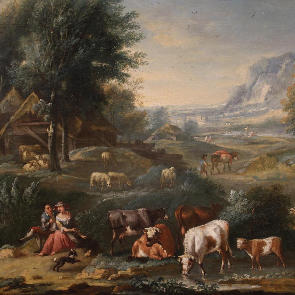 Escuela veneciana de la segunda mitad del siglo XVIII. Pintura al óleo sobre lienzo que representa un paisaje arcádico de género pastoril. Este tipo de representación pictórica se impuso en el siglo XVIII, junto a la vista y el capriccio