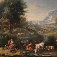 18th Century Oil on Canvas Italian Bucolic Landscape Painting, 1770