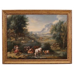 18th Century Oil on Canvas Italian Bucolic Landscape Painting, 1770