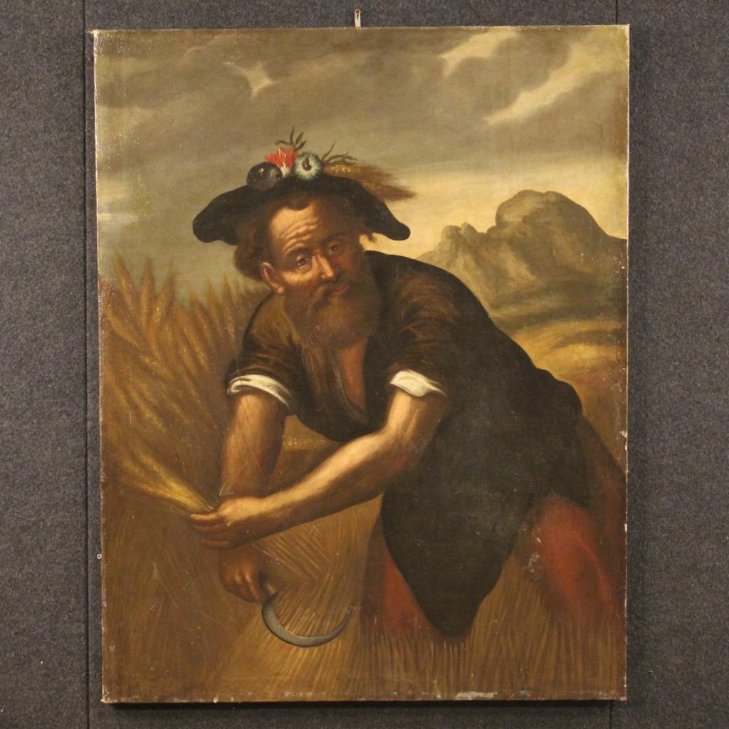 Antique Italian painting from 18th century. Oil painting on canvas depicting hervestman in the field of excellent pictorial quality. Beautiful size and quality painting for antique dealers and collectors of ancient painting. Framework that underwent