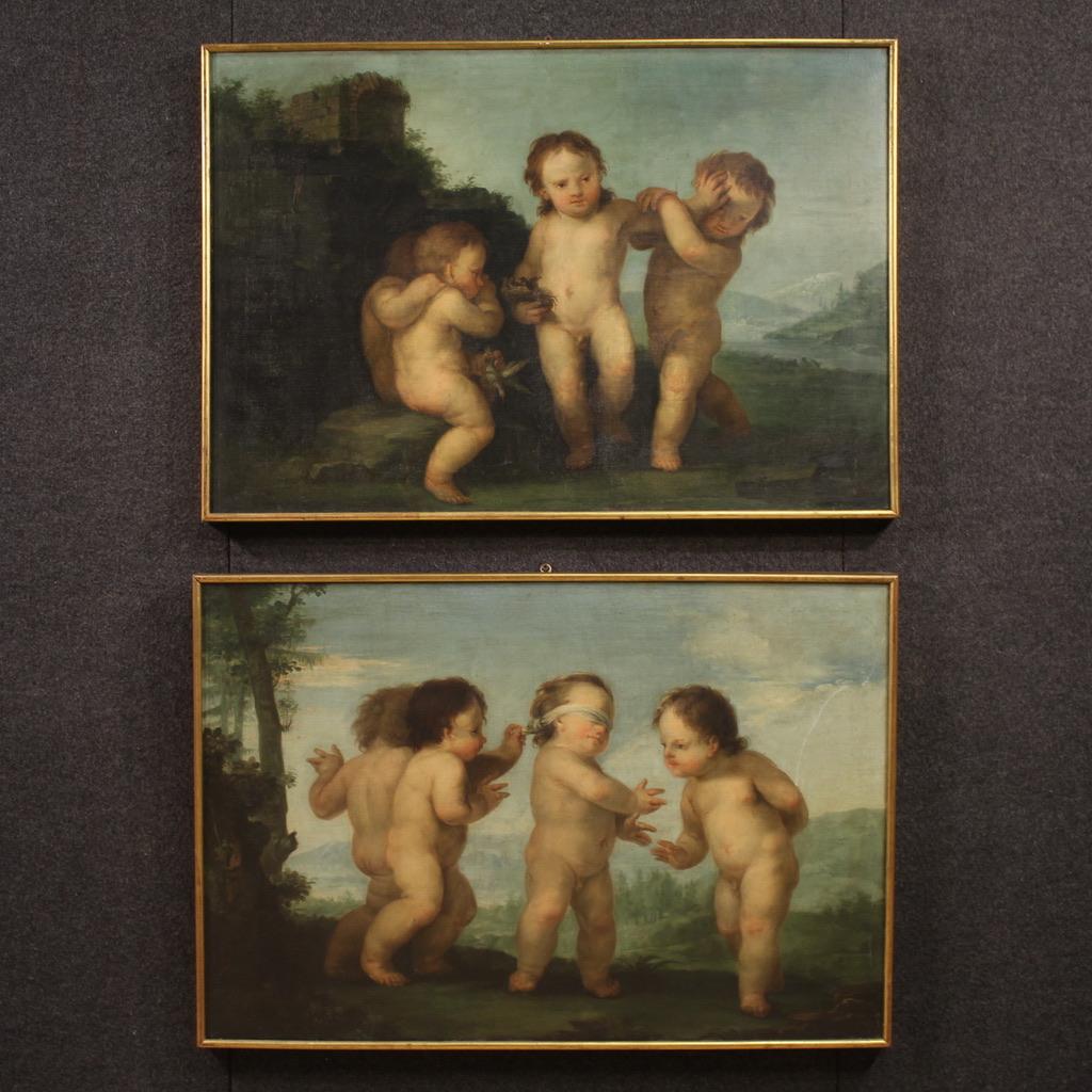 Une magnifique peinture italienne du 18e siècle. Cette peinture à l'huile sur toile représente un splendide paysage idyllique avec des chérubins nus en train de jouer. L'un d'eux montre fièrement un nid rempli d'oiseaux et, d'un geste théâtral,