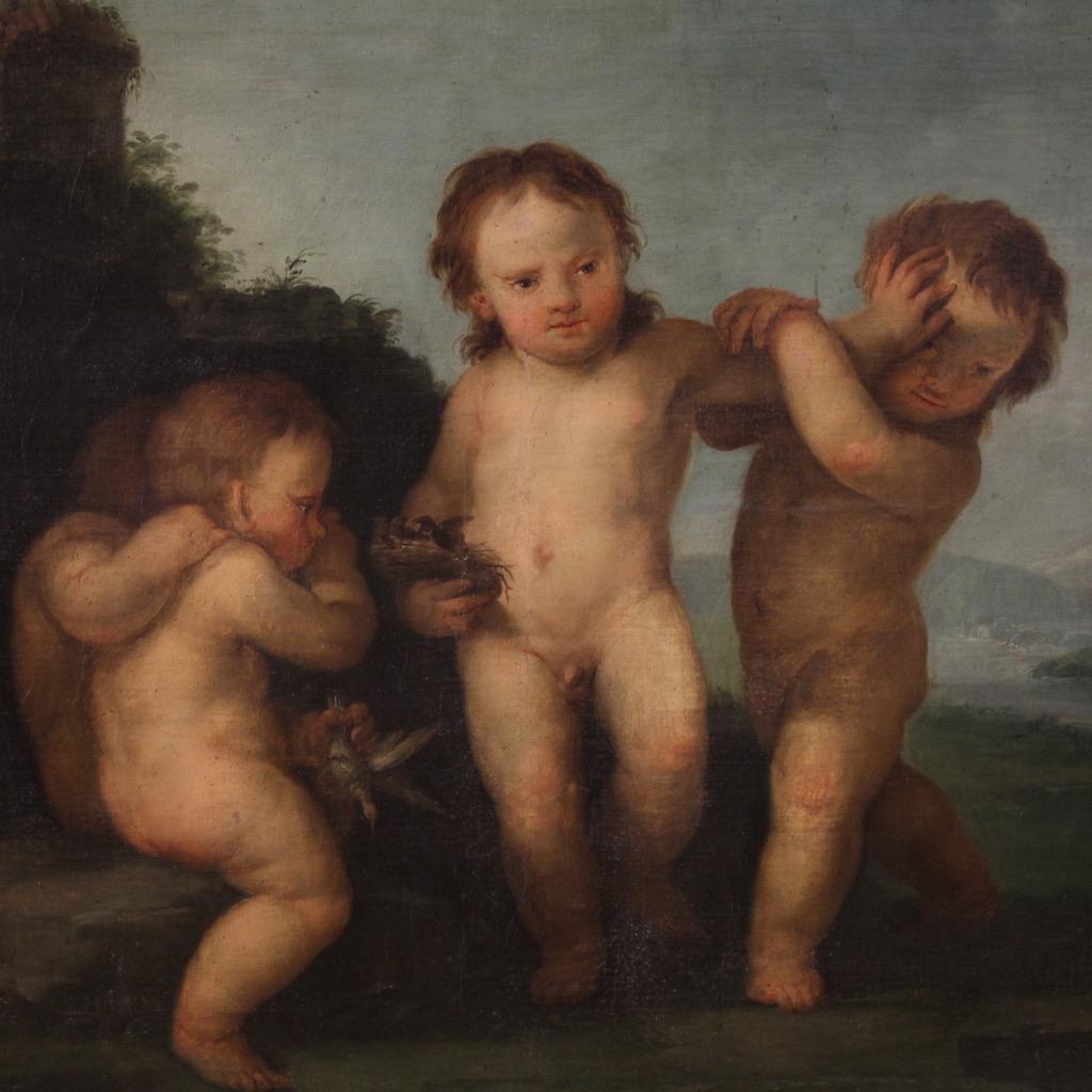Huilé huile sur toile du XVIIIe siècle Jeu de chérubins italien Peinture ancienne, 1760 en vente