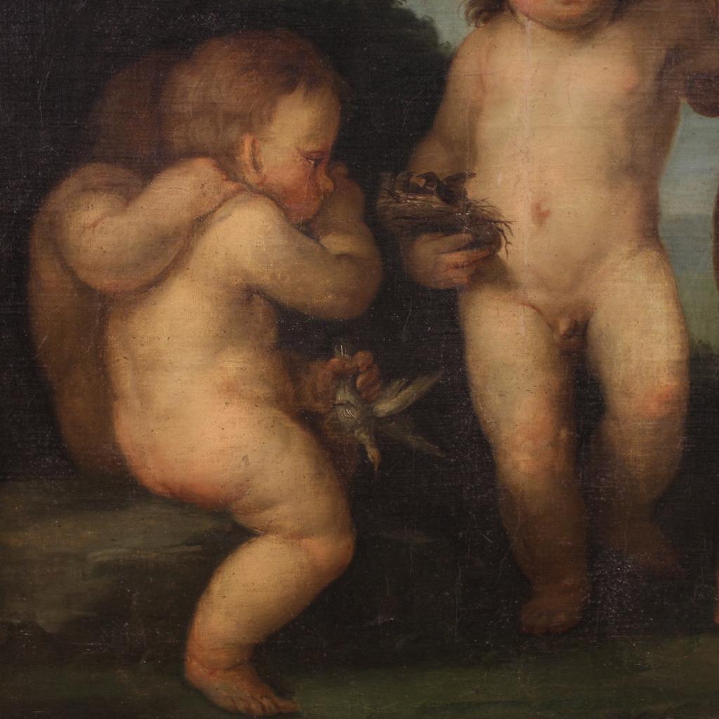 Mid-18th Century huile sur toile du XVIIIe siècle Jeu de chérubins italien Peinture ancienne, 1760 en vente