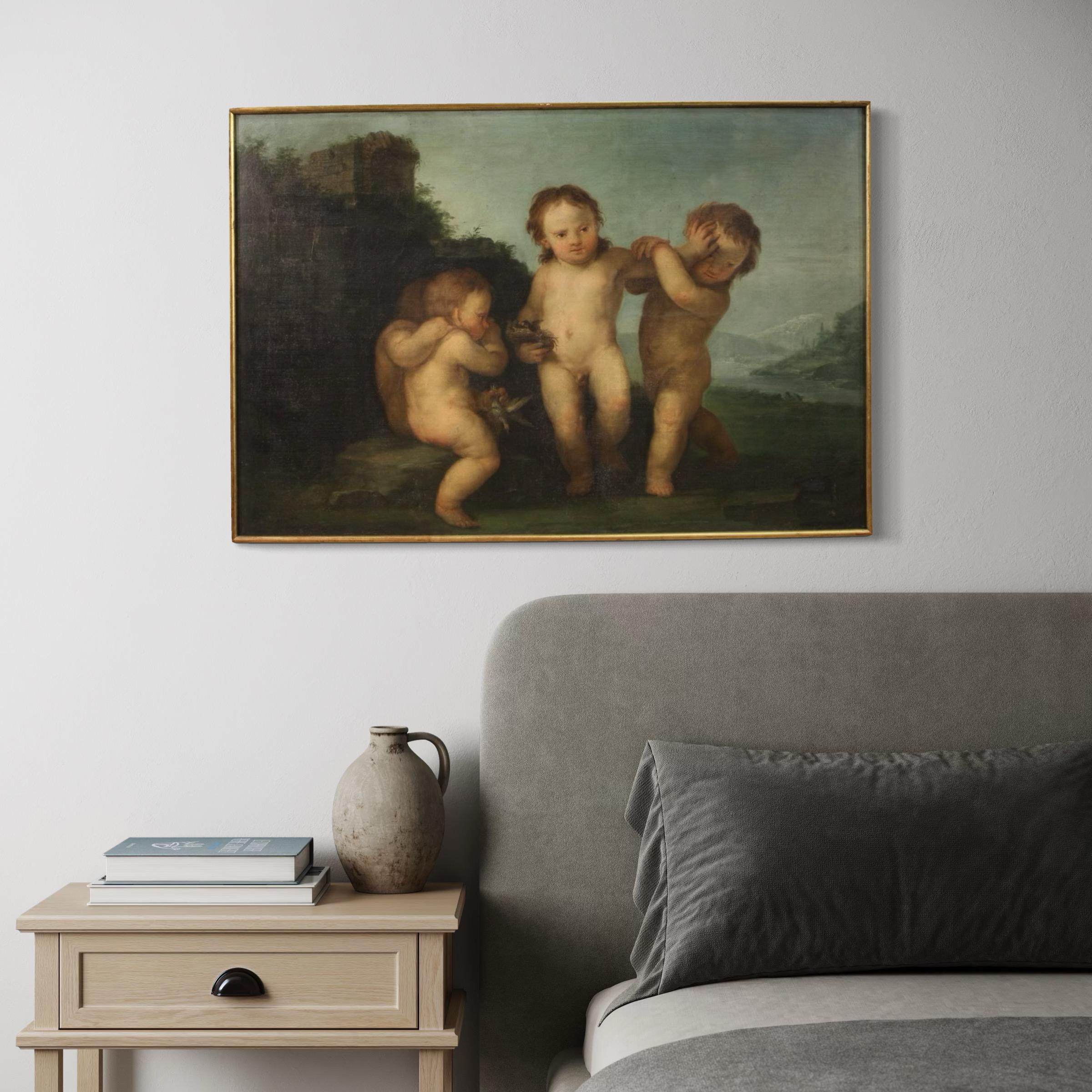 Toile huile sur toile du XVIIIe siècle Jeu de chérubins italien Peinture ancienne, 1760 en vente