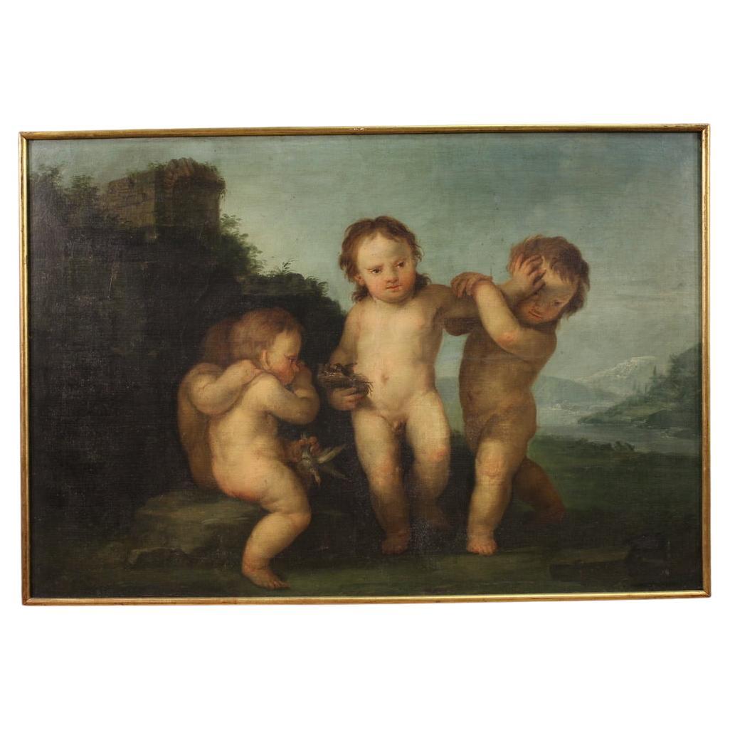 18th Century Oil on Canvas Italian Cherubs Game Antique Painting, 1760