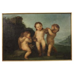 18th Century Oil on Canvas Italian Cherubs Game Antique Painting, 1760