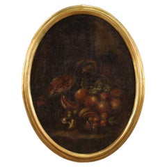 Vintage 18th Century Oil on Canvas Italian Framed Oval-Shaped Still Life Painting, 1750