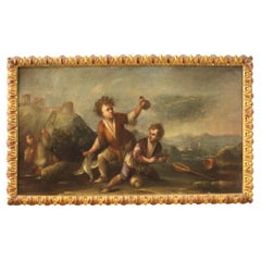 18th Century Oil on Canvas Italian Framed Painting Landscape with Children, 1730