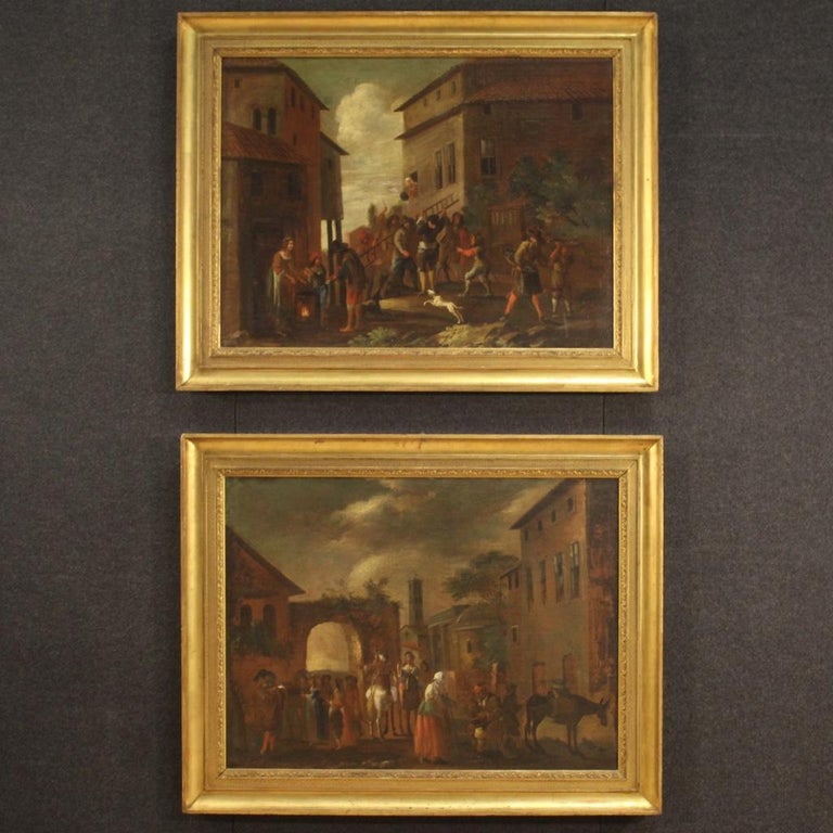 Antique Italian painting from the 18th century. Artwork oil on canvas depicting genre scene, View with architectures, animals and characters of popular taste with excellent pictorial quality. Painting of beautiful size and excellent proportion,