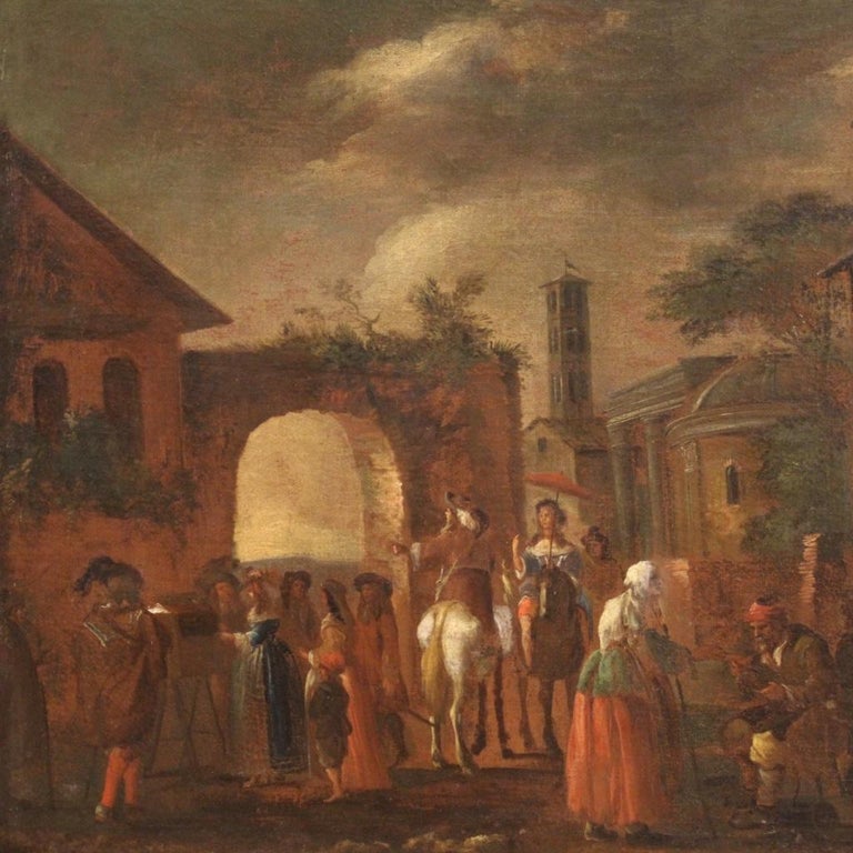 18th Century Oil on Canvas Italian Genre Scene Painting, 1750 For Sale 6