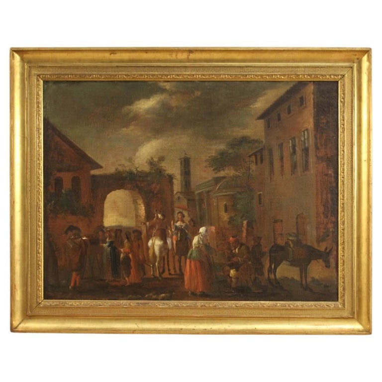 18th Century Oil on Canvas Italian Genre Scene Painting, 1750 For Sale
