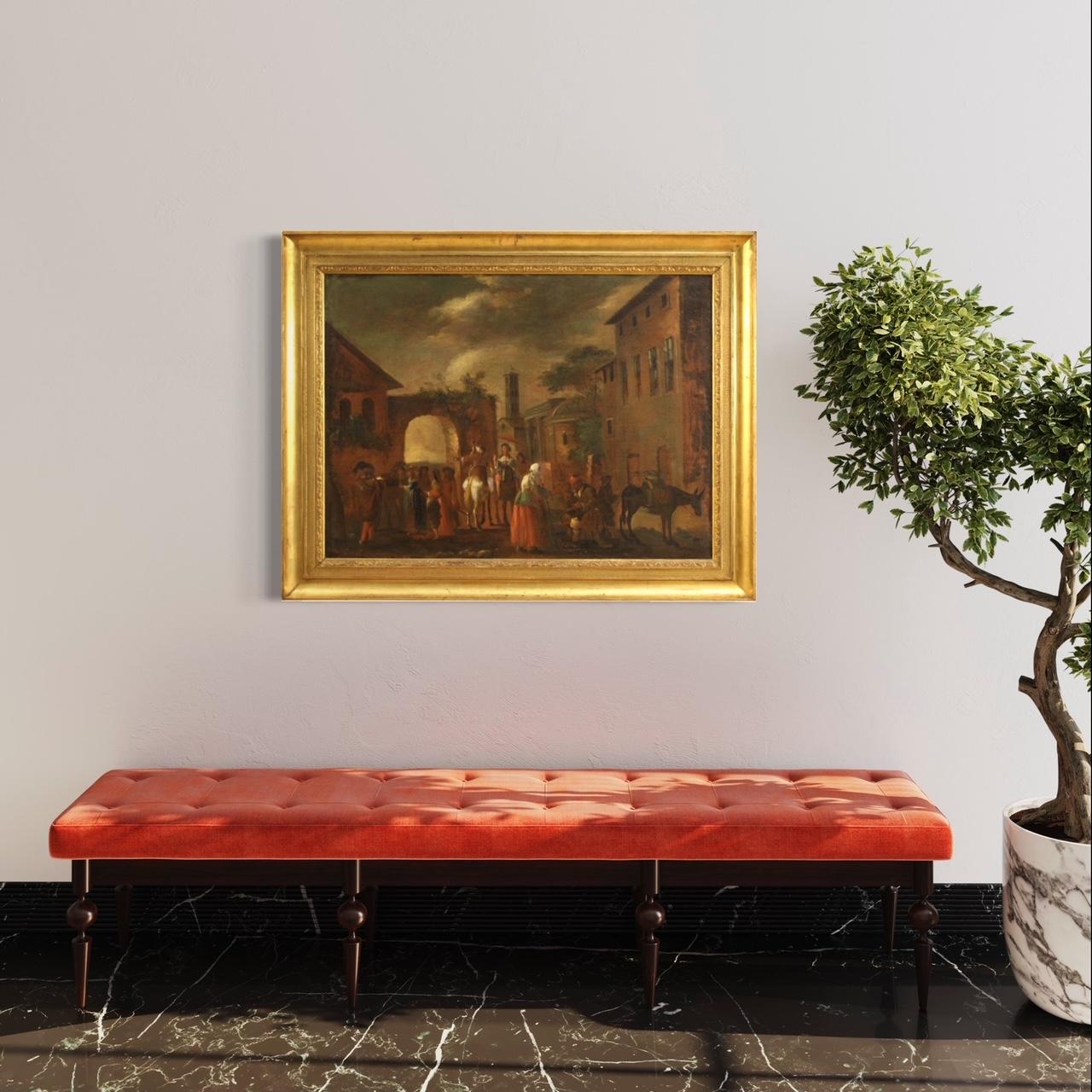 Antikes italienisches Gemälde aus dem 18. Jahrhundert. Kunstwerk Öl auf Leinwand, das eine Genreszene darstellt, Ansicht mit Architekturen, Tieren und Figuren des populären Geschmacks mit ausgezeichneter malerischer Qualität. Gemälde von schöner