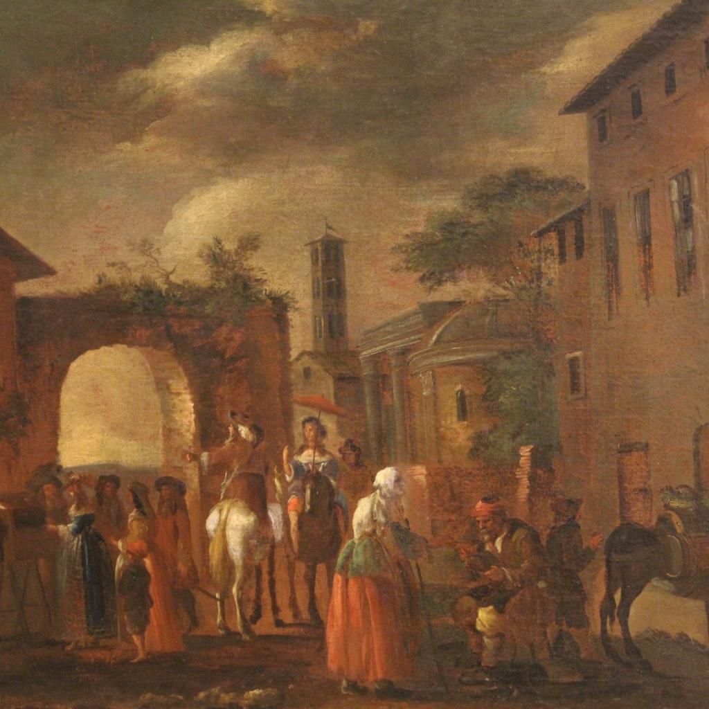 18. Jahrhundert Öl auf Leinwand Italienisch Genre Szene Ansicht Architekturen Malerei, 1750 im Zustand „Gut“ im Angebot in Vicoforte, Piedmont