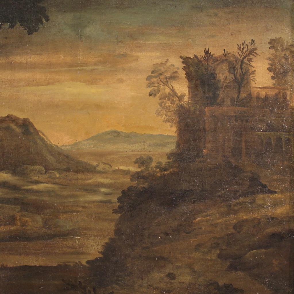 siglo XVIII Óleo sobre lienzo Paisaje italiano Arquitectura Agricultores Pintura, 1750 en venta 4