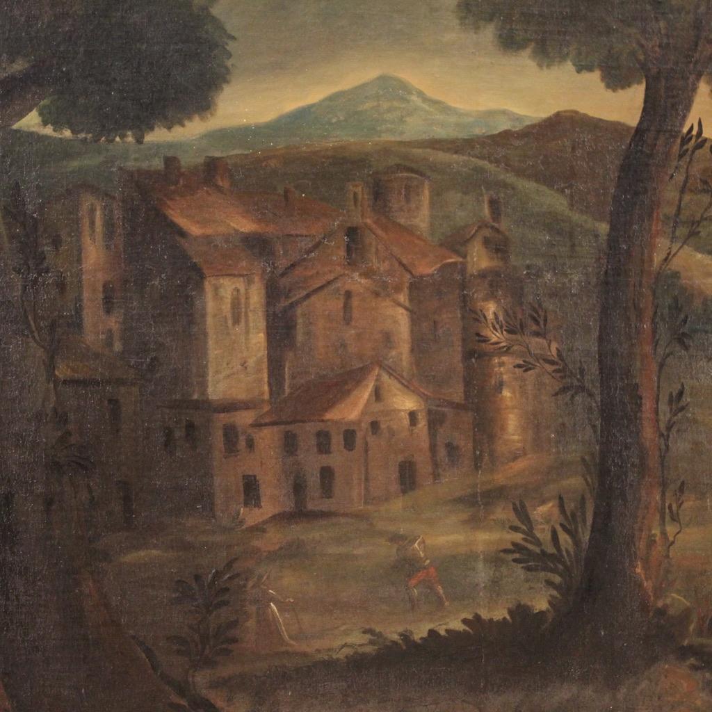 siglo XVIII Óleo sobre lienzo Paisaje italiano Arquitectura Agricultores Pintura, 1750 en venta 8