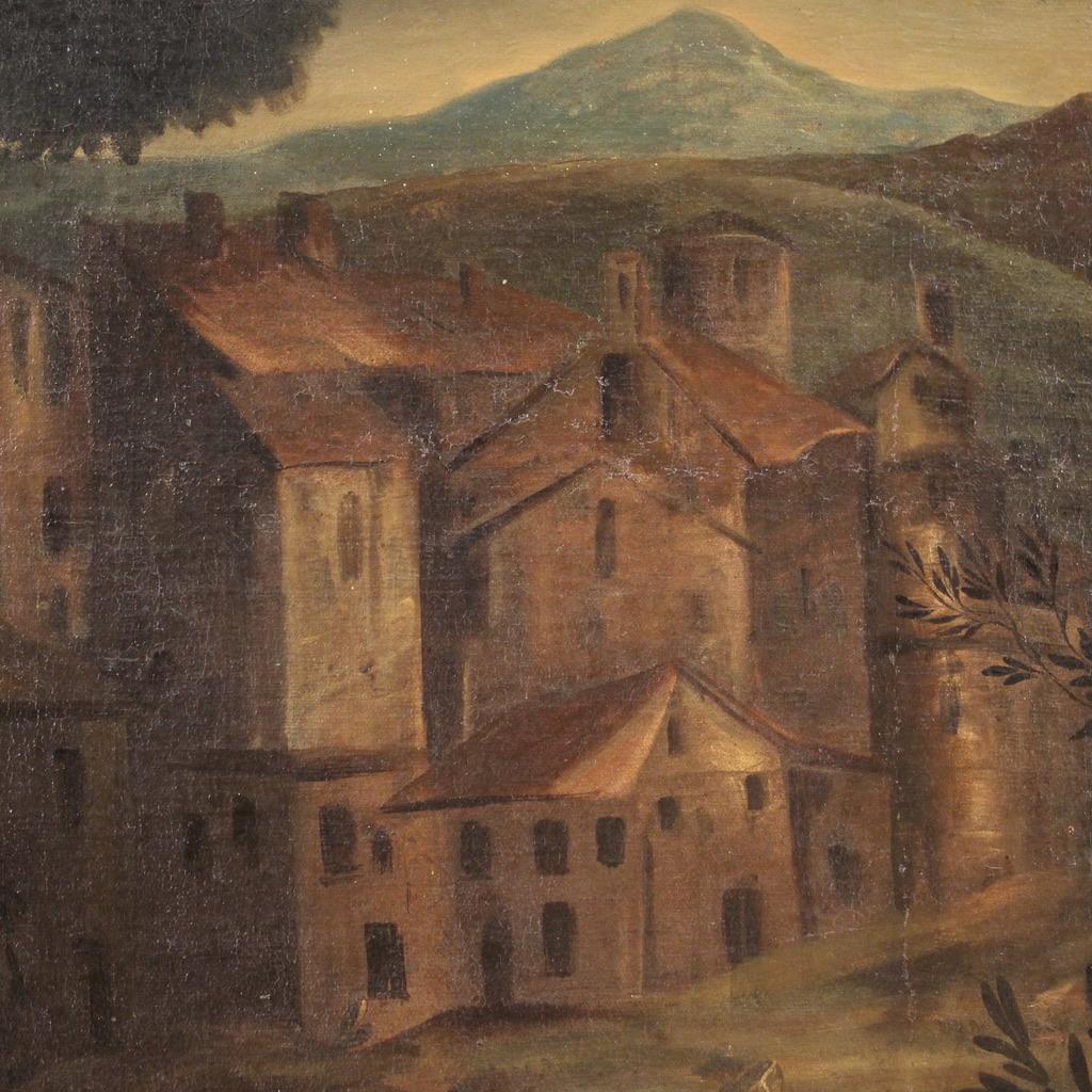 siglo XVIII Óleo sobre lienzo Paisaje italiano Arquitectura Agricultores Pintura, 1750 Italian en venta