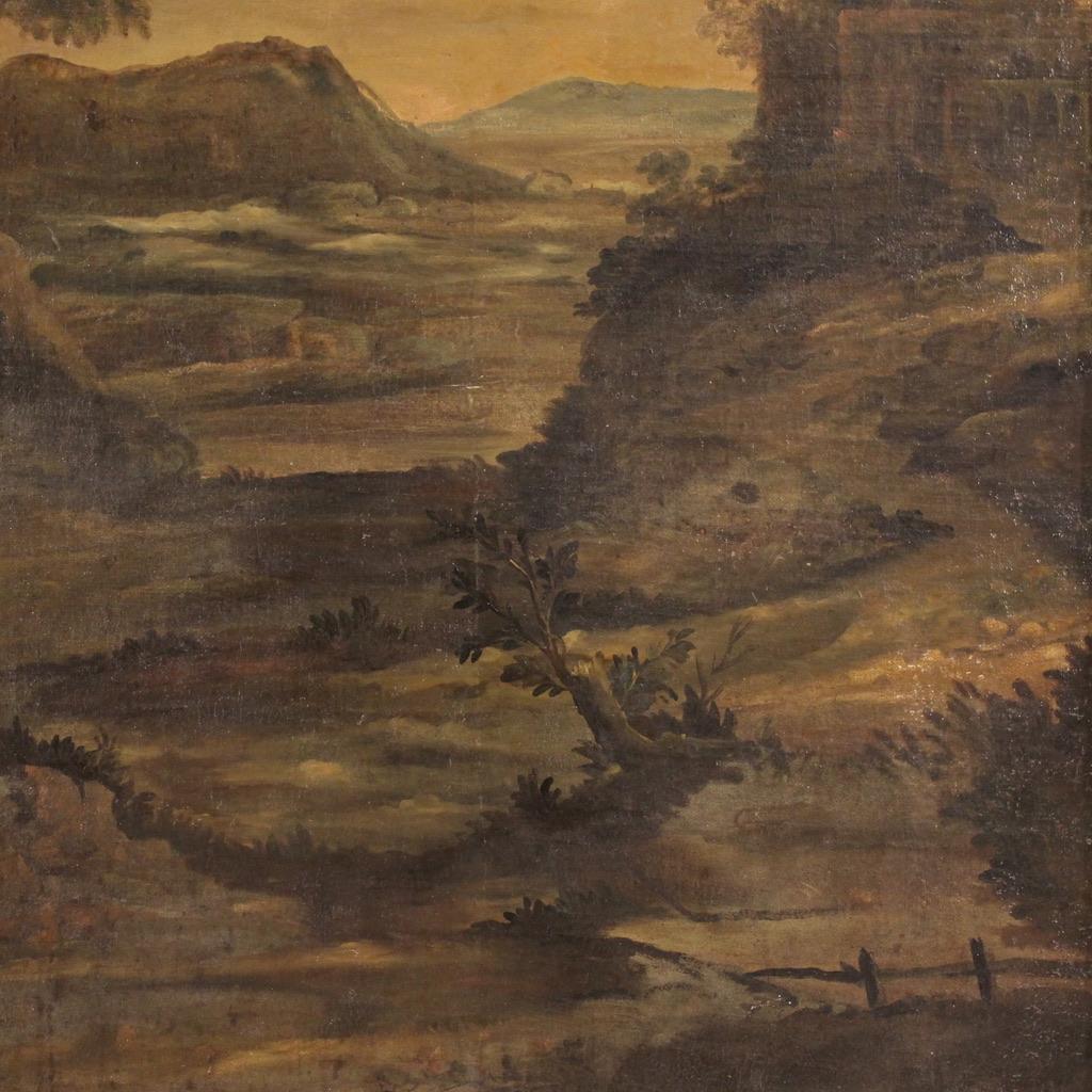 siglo XVIII Óleo sobre lienzo Paisaje italiano Arquitectura Agricultores Pintura, 1750 Aceitado en venta