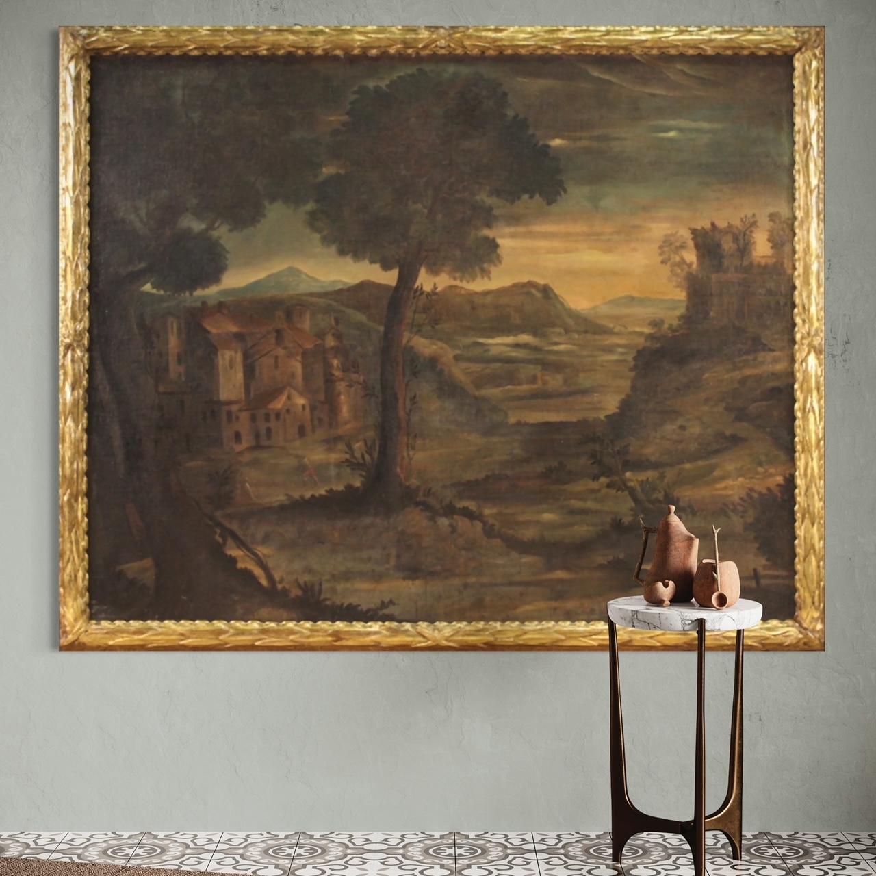 siglo XVIII Óleo sobre lienzo Paisaje italiano Arquitectura Agricultores Pintura, 1750 Mid-18th Century en venta
