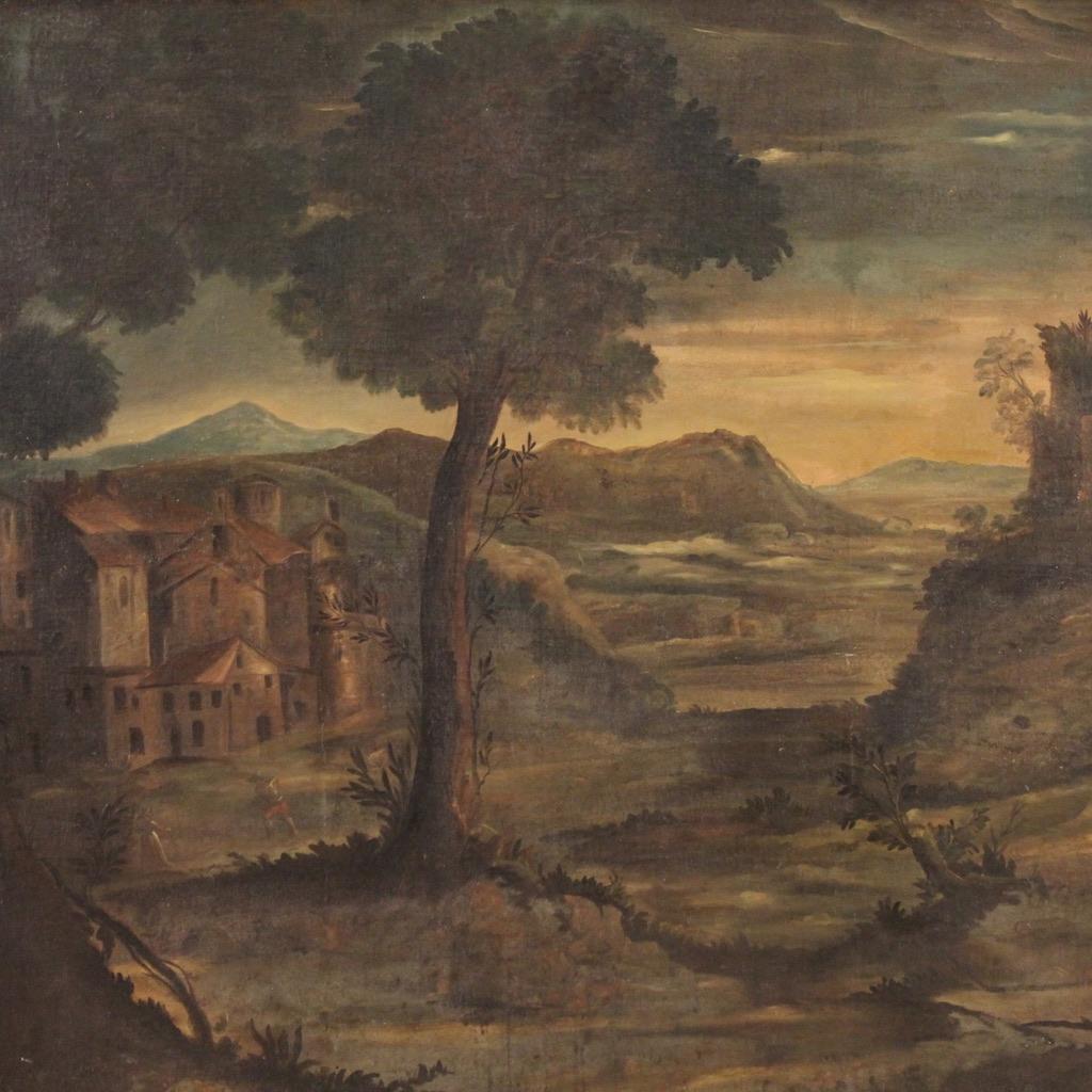 siglo XVIII Óleo sobre lienzo Paisaje italiano Arquitectura Agricultores Pintura, 1750 Lienzo en venta