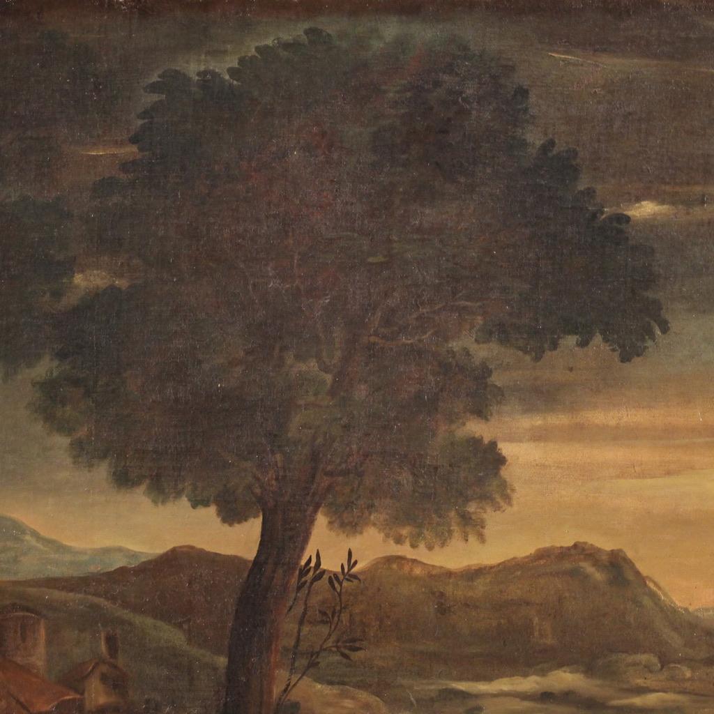 siglo XVIII Óleo sobre lienzo Paisaje italiano Arquitectura Agricultores Pintura, 1750 en venta 1