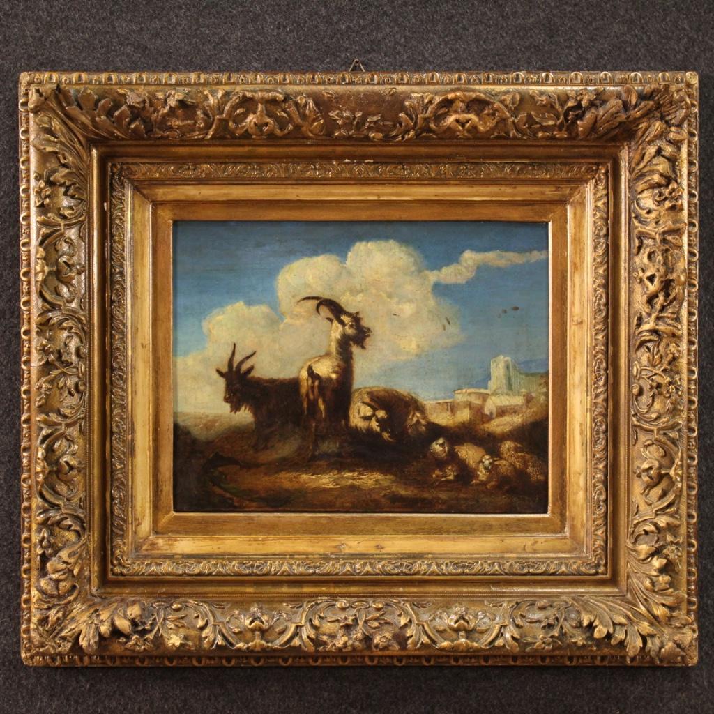 Antique Italian painting from the 18th century. Oil on canvas framework depicting landscape with goats and sheep of good pictorial quality. Painting of excellent proportion adorned with a modern frame in wood and plaster finely chiseled and gilded.